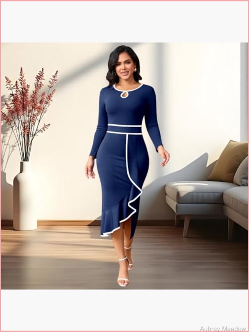 Elegant Vintage Bodycon Midi Dress Long Sleeve Pencil Work Church - Picture 4 of 7